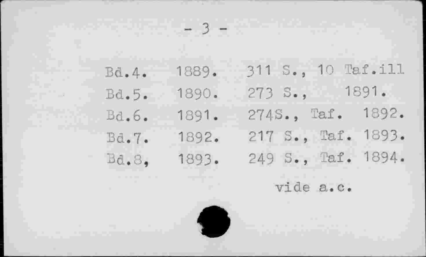 ﻿Bd.4.
Bd.5.
Bd.6.
Bd.7.
Bd.8,
- З -
1889.
1890.
1891.
1892.
1893.
311 S., 10 Taf.ill 273 S.,	1891.
274S., Taf. 1892.
217 S., Taf. 1893.
249 S., Taf. 1894.
vide a.c.